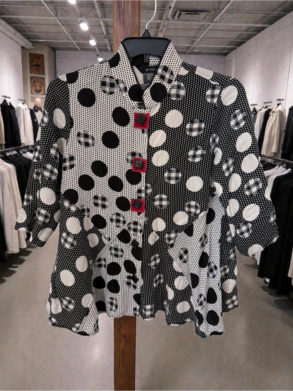 Ali Miles Black and White Polka Dot Short Blazer with Red Square Buttons